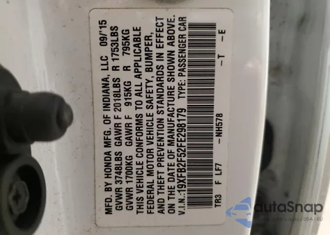 2015 Honda Civic Lx z USA, uszkodzony, nr VIN 19XFB2F52FE298179